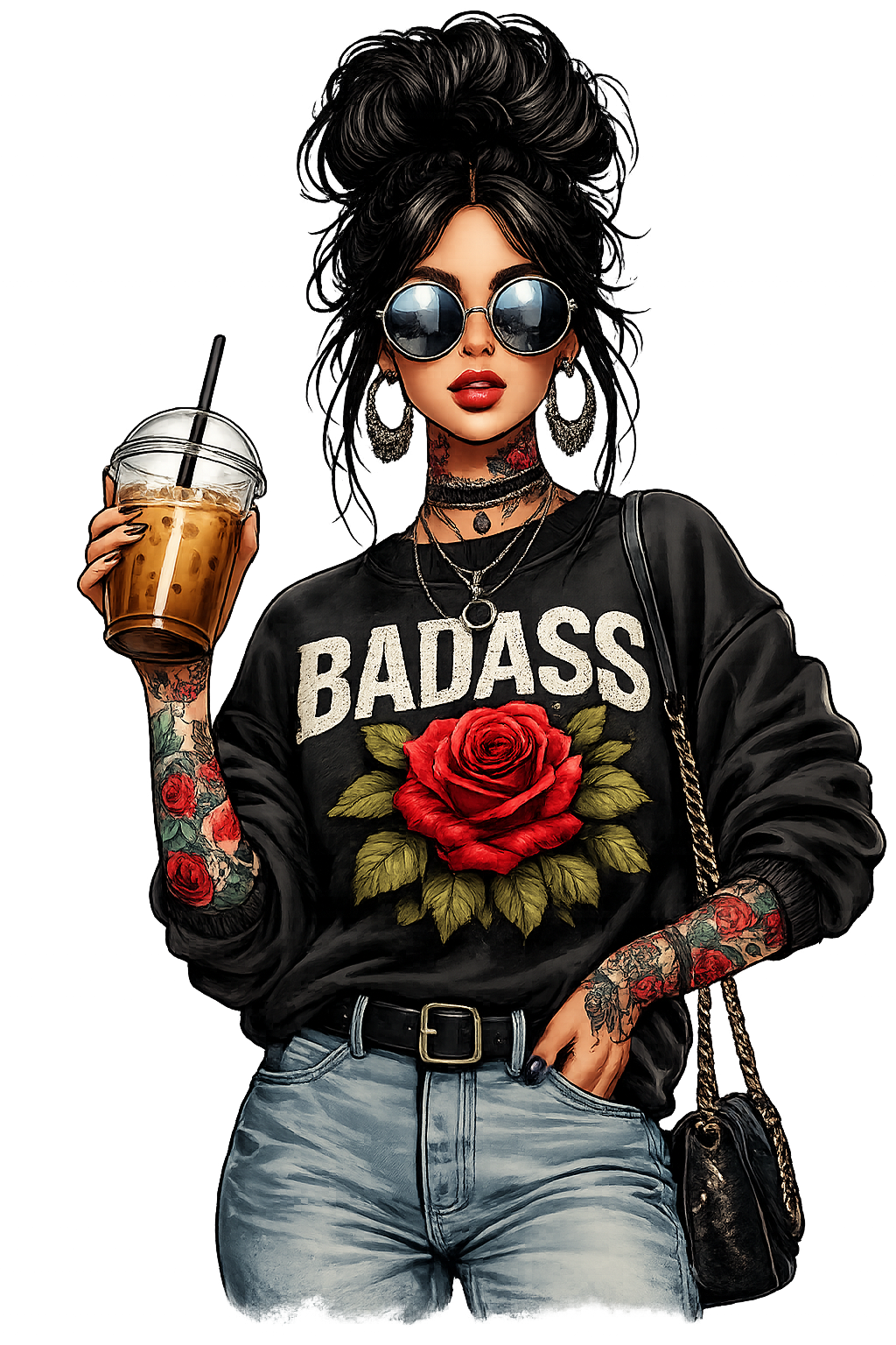 Badass Tattoo Girl Graphic T-Shirt | Coffee Lover Streetwear Tee | Trendy Oversized Aesthetic Graphic Tee for Women | Fashion Print Shirt