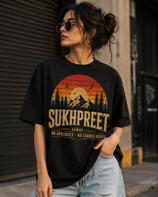 SUKHPREET Vintage Sunset Graphic T-Shirt | Personalized Name Tee | No Apologies No Chance Again | Retro Aesthetic Oversized Unisex Shirt | Custom Name Gift