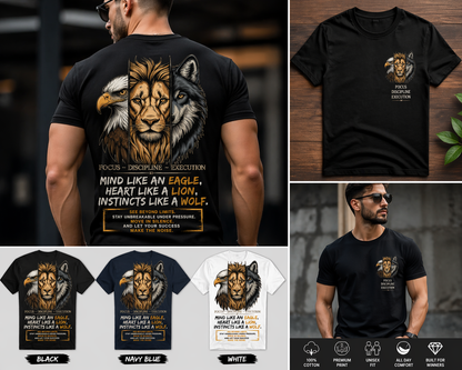 Focus Discipline Execution T-Shirt – Mind Like Eagle Heart Like Lion Wolf Motivation Tee