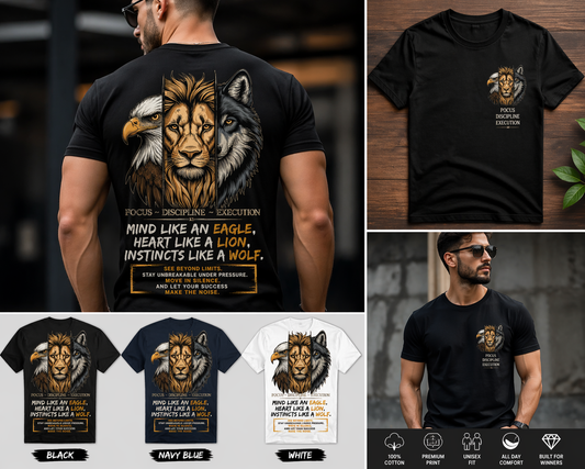 Focus Discipline Execution T-Shirt – Mind Like Eagle Heart Like Lion Wolf Motivation Tee