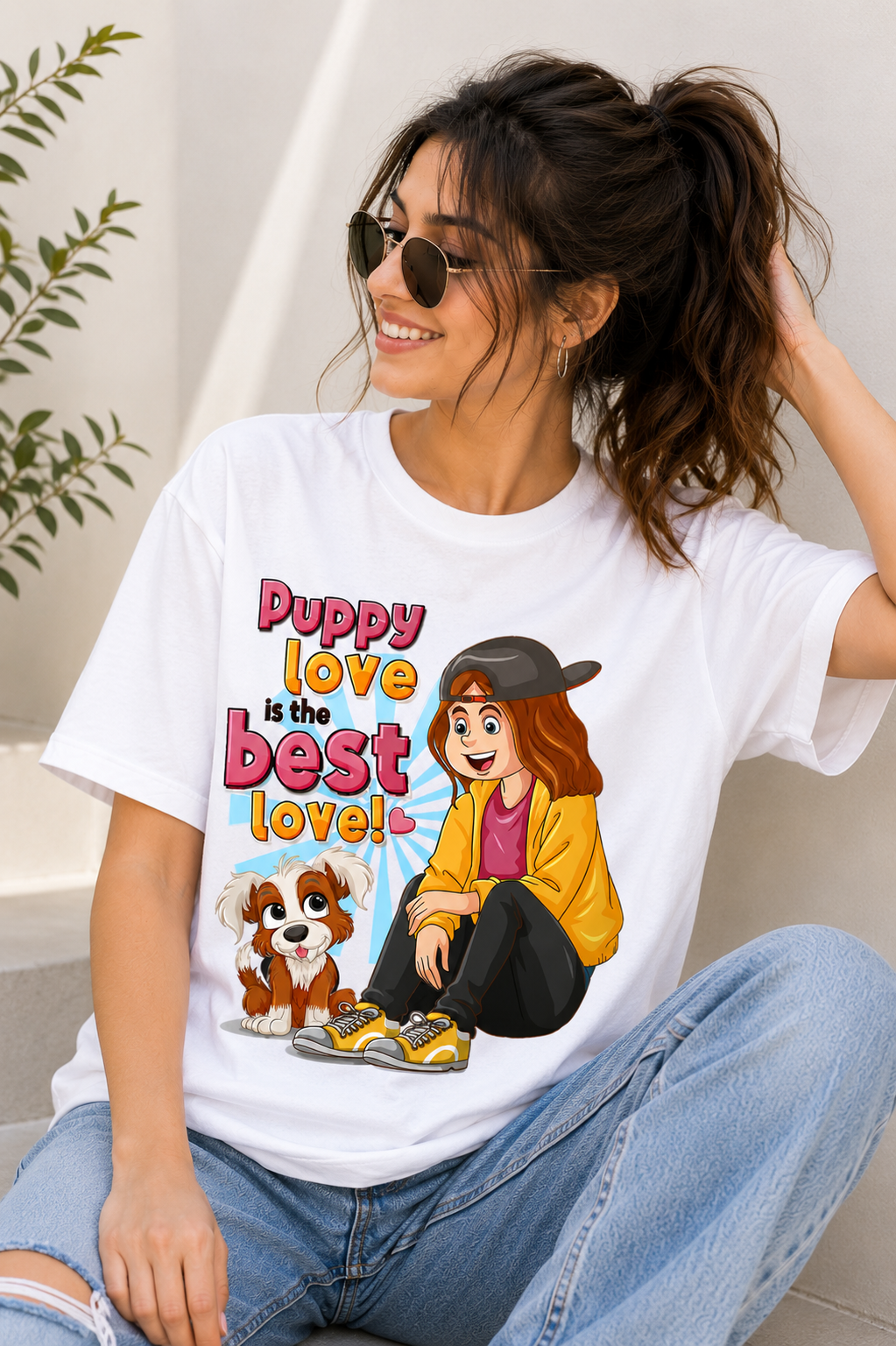Puppy Love is the Best Love – Girls Graphic Oversized T-Shirt