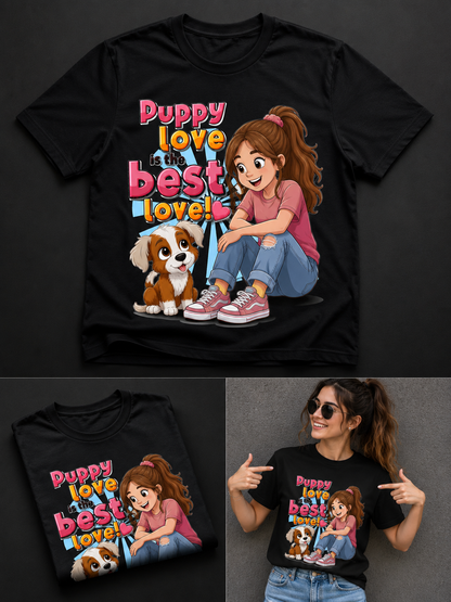 Puppy Love is the Best Love – Girls Graphic Oversized T-Shirt