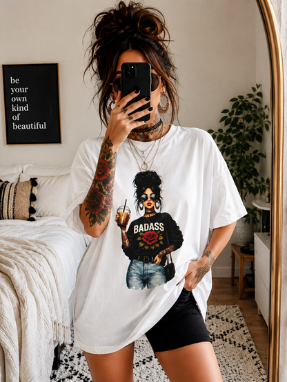 Badass Tattoo Girl Graphic T-Shirt | Coffee Lover Streetwear Tee | Trendy Oversized Aesthetic Graphic Tee for Women | Fashion Print Shirt