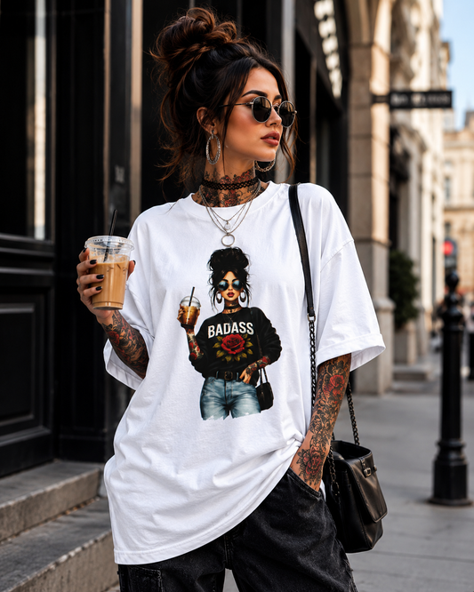 Badass Tattoo Girl Graphic T-Shirt | Coffee Lover Streetwear Tee | Trendy Oversized Aesthetic Graphic Tee for Women | Fashion Print Shirt