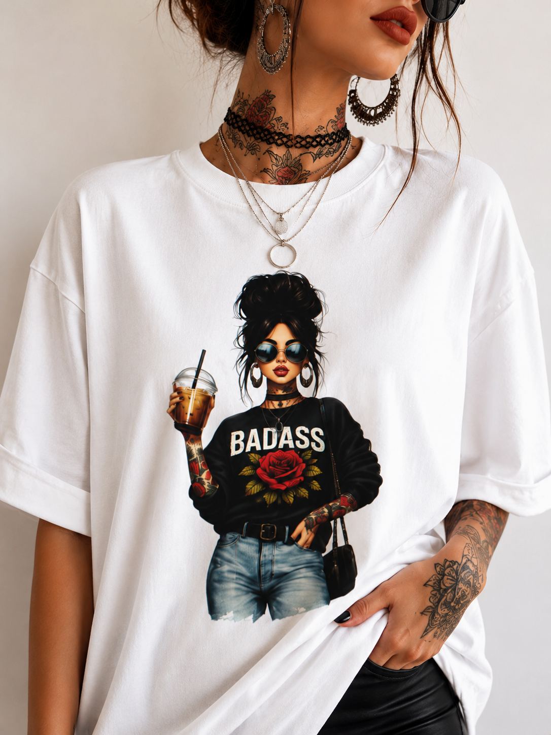 Badass Tattoo Girl Graphic T-Shirt | Coffee Lover Streetwear Tee | Trendy Oversized Aesthetic Graphic Tee for Women | Fashion Print Shirt