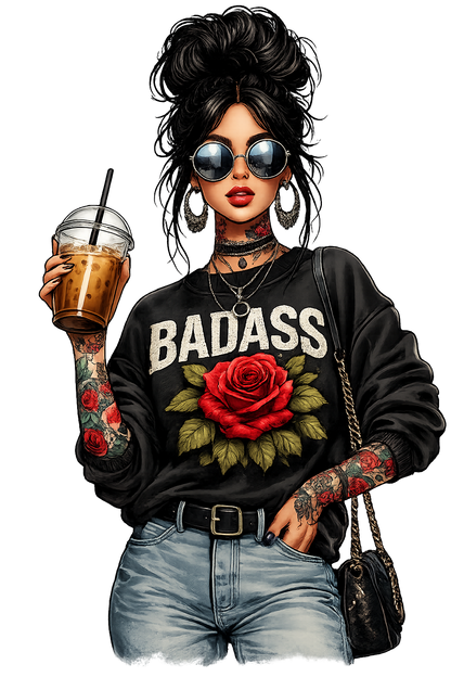 Badass Tattoo Girl Graphic T-Shirt | Coffee Lover Streetwear Tee | Trendy Oversized Aesthetic Graphic Tee for Women | Fashion Print Shirt