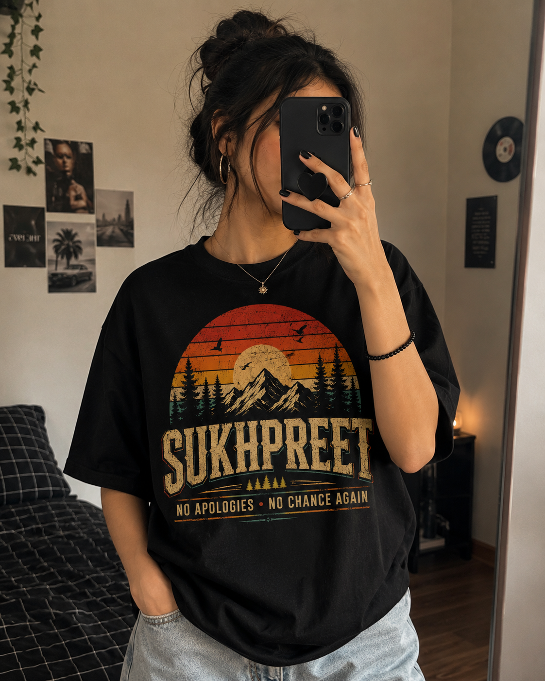 SUKHPREET Vintage Sunset Graphic T-Shirt | Personalized Name Tee | No Apologies No Chance Again | Retro Aesthetic Oversized Unisex Shirt | Custom Name Gift