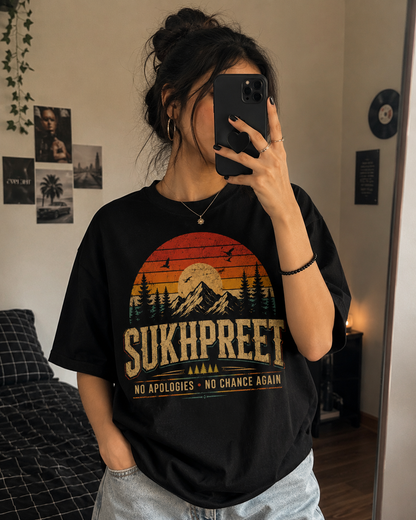SUKHPREET Vintage Sunset Graphic T-Shirt | Personalized Name Tee | No Apologies No Chance Again | Retro Aesthetic Oversized Unisex Shirt | Custom Name Gift