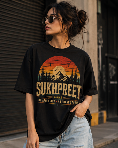 SUKHPREET Vintage Sunset Graphic T-Shirt | Personalized Name Tee | No Apologies No Chance Again | Retro Aesthetic Oversized Unisex Shirt | Custom Name Gift