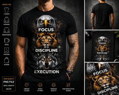 Focus Discipline Execution Eagle Lion Wolf Motivational T-Shirt Design PNG | High Quality 3D DTF Print File