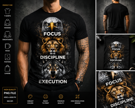 Focus Discipline Execution Eagle Lion Wolf Motivational T-Shirt Design PNG | High Quality 3D DTF Print File
