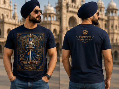 Sikh Warrior “ਸਚ ਦੀ ਜਿੱਤ” Premium T-Shirt | Khalsa Heritage Design 🔥