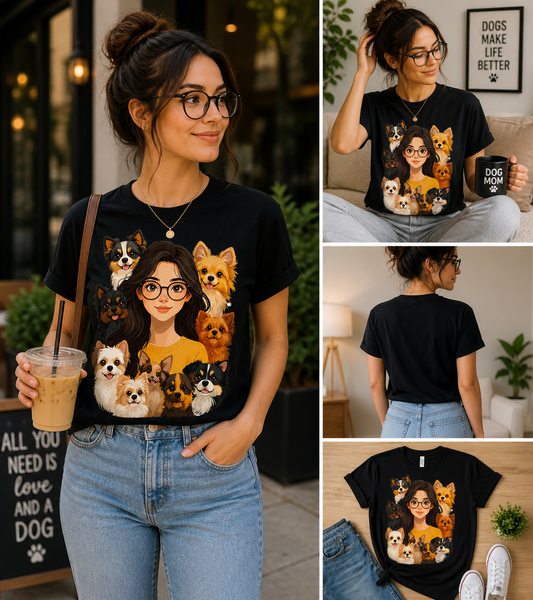 Woman wearing a black t-shirt with a graphic design of a woman and dogs, holding a drink.