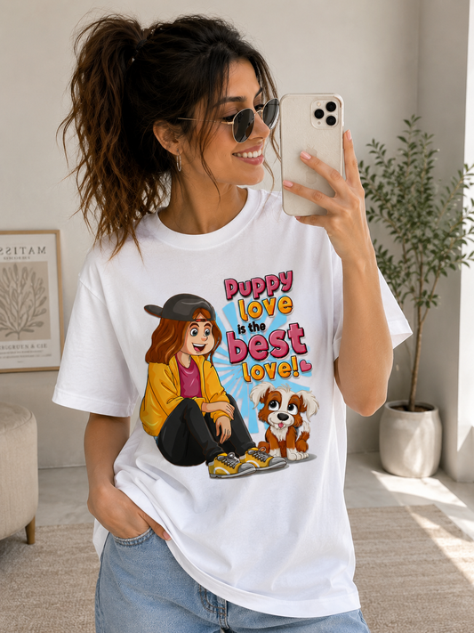 Puppy Love is the Best Love – Girls Graphic Oversized T-Shirt