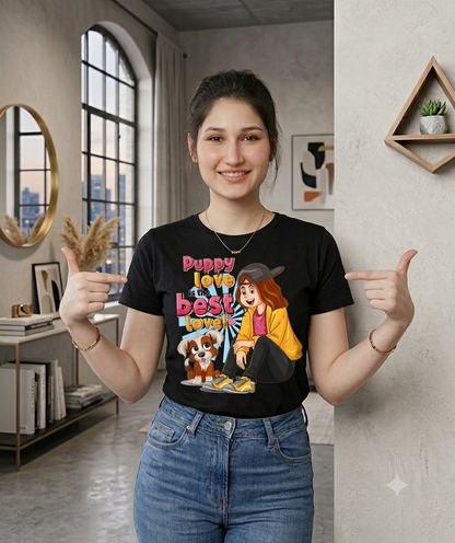 Puppy Love is the Best Love – Girls Graphic Oversized T-Shirt