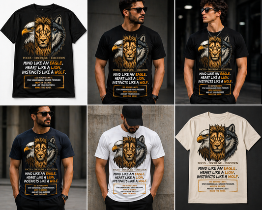 Focus Discipline Execution T-Shirt – Mind Like Eagle Heart Like Lion Wolf Motivation Tee