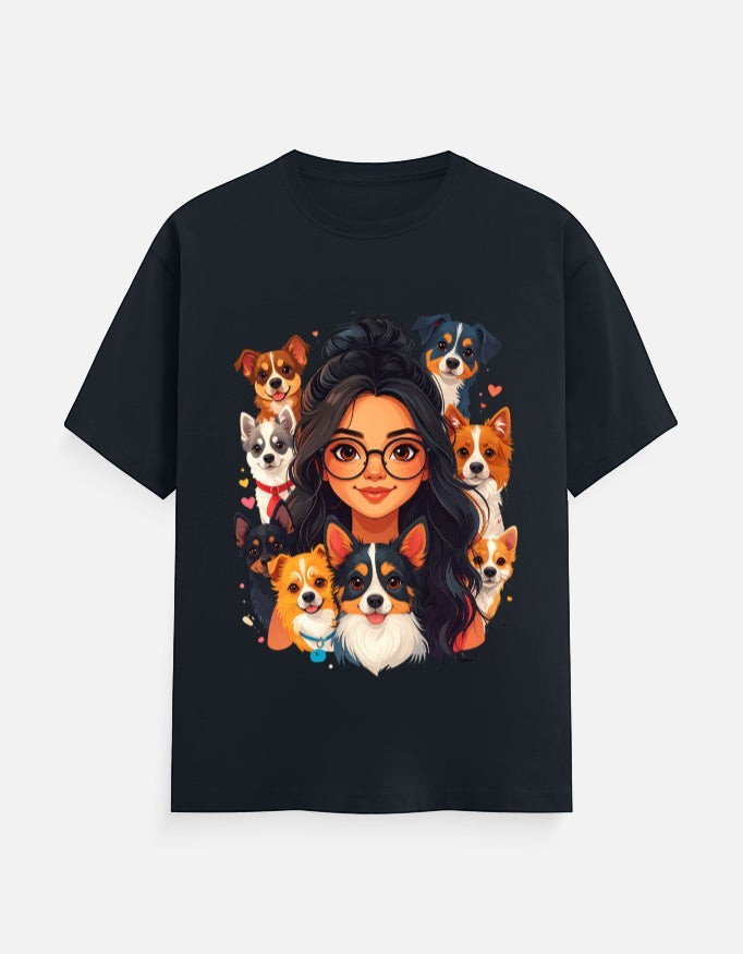ZORIX MARTH dark blue 100% cotton t-shirt with a cartoon graphic of a woman with glasses surrounded by several dogs.