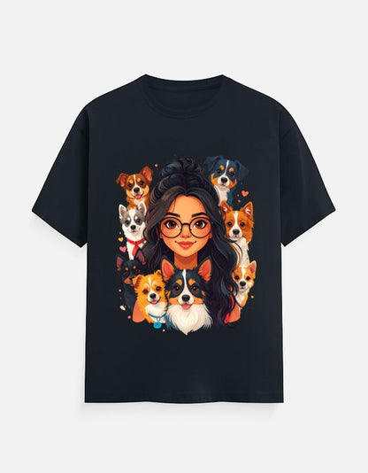 ZORIX MARTH dark blue 100% cotton t-shirt with a cartoon graphic of a woman with glasses surrounded by several dogs.