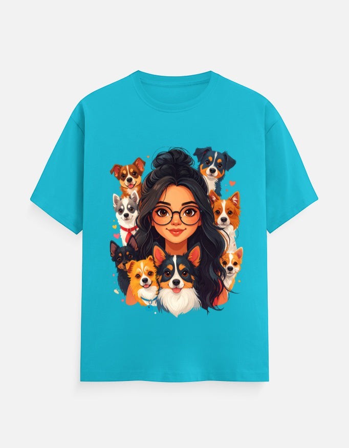 ZORIX MARTH turquoise 100% cotton t-shirt with cartoon girl surrounded by various dogs. Unisex fit.