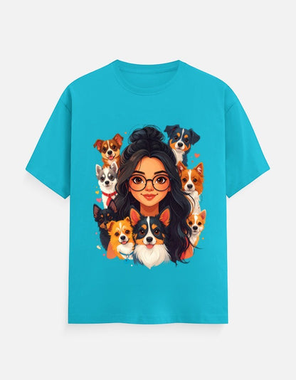 ZORIX MARTH turquoise 100% cotton t-shirt with cartoon girl surrounded by various dogs. Unisex fit.
