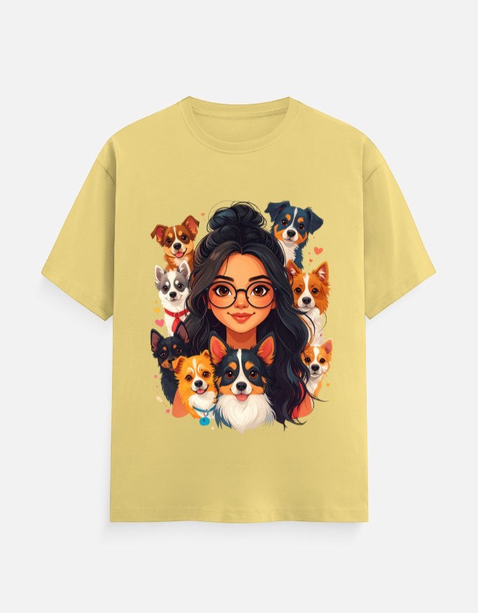 ZORIX MARTH yellow 100% cotton unisex t-shirt with cartoon girl surrounded by dogs graphic