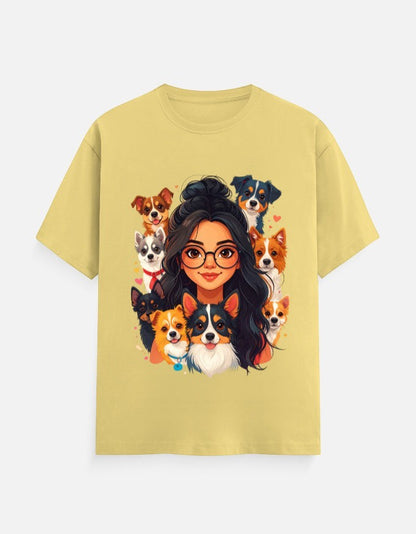 ZORIX MARTH yellow 100% cotton unisex t-shirt with cartoon girl surrounded by dogs graphic