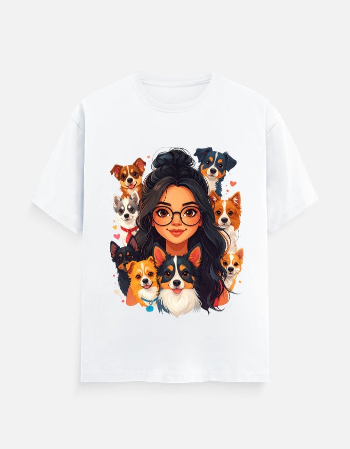 ZORIX MARTH white 100% cotton unisex t-shirt with cartoon girl surrounded by various dogs.