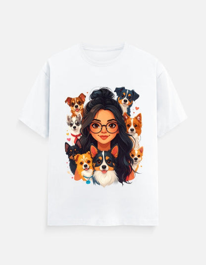 ZORIX MARTH white 100% cotton unisex t-shirt with cartoon girl surrounded by various dogs.