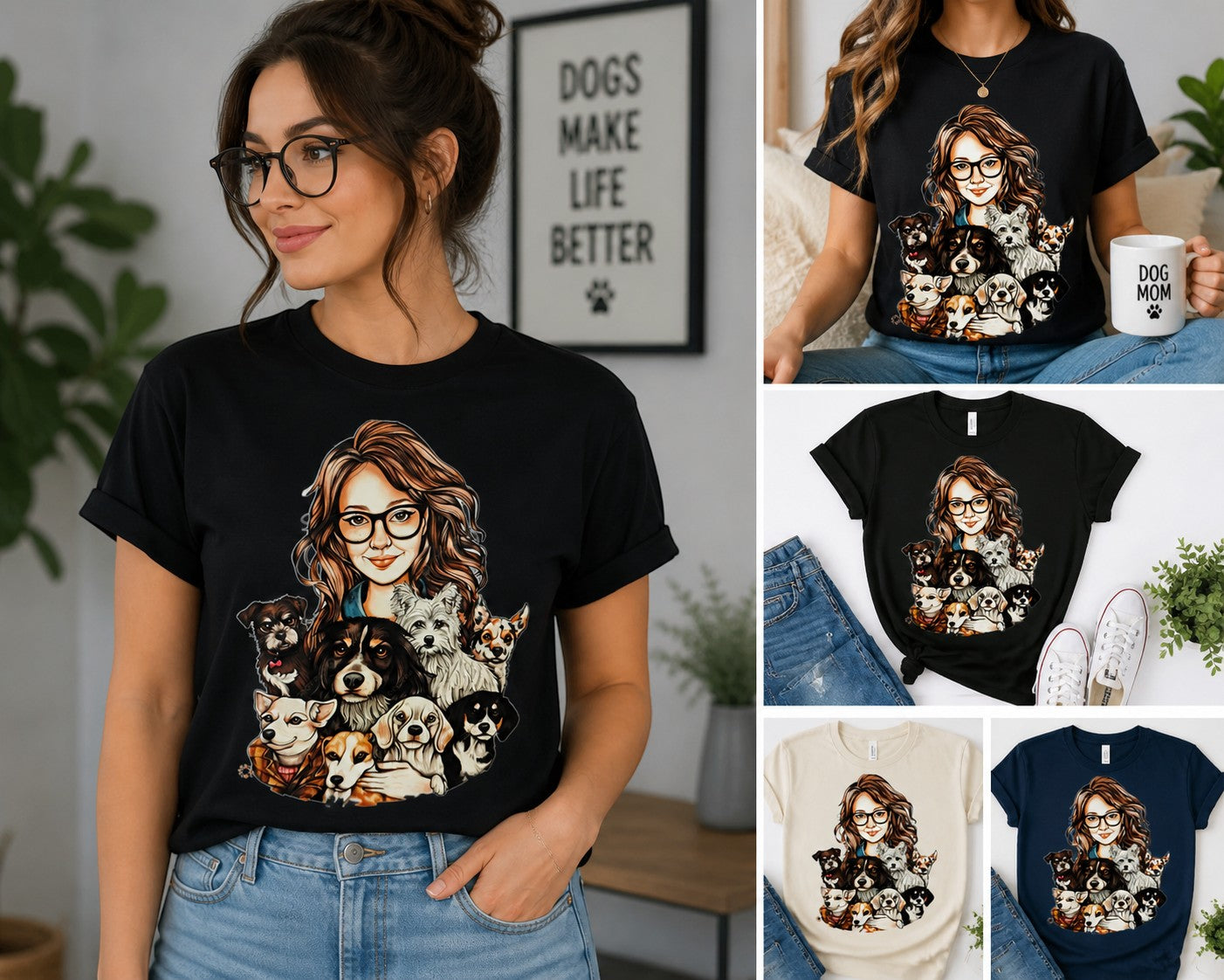 ZORIX MARTH black 100% cotton unisex t-shirt with cartoon girl surrounded by various dog breeds. Features a fun dog mom graphic.