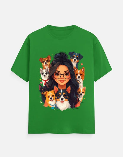 ZORIX MARTH green 100% cotton t-shirt with cartoon graphic of a woman surrounded by various dogs.