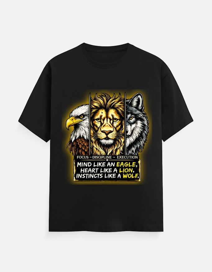 ZORIX MARTH black 100% cotton unisex fit t-shirt with graphic of eagle, lion, and wolf heads and motivational text.