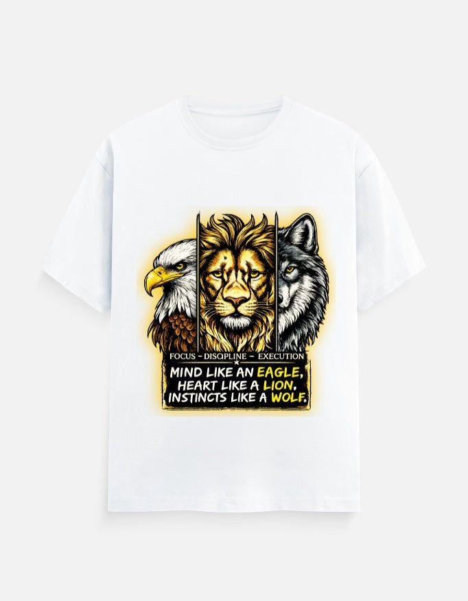 ZORIX MARTH white 100% cotton unisex fit t-shirt with graphic of eagle, lion, and wolf heads and motivational text.