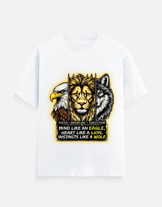 ZORIX MARTH white 100% cotton unisex fit t-shirt with graphic of eagle, lion, and wolf heads and motivational text.