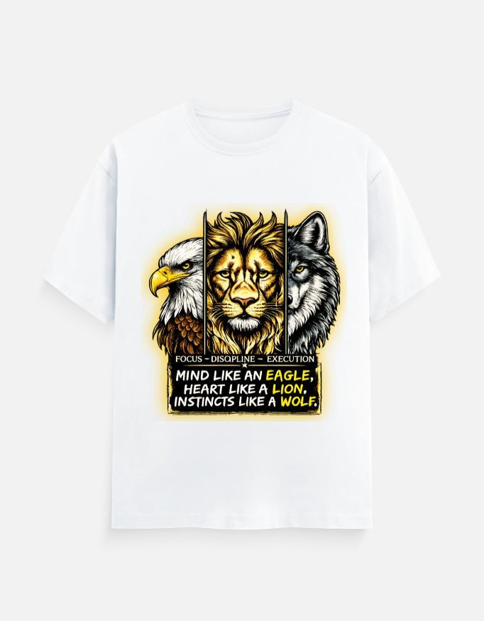 ZORIX MARTH white 100% cotton t-shirt with graphic of eagle, lion, and wolf heads. Text reads: Focus. Discipline. Execution. Mind Like an Eagle, Heart Like a Lion, Instincts Like a Wolf.
