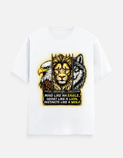 ZORIX MARTH white 100% cotton t-shirt with graphic of eagle, lion, and wolf heads. Text reads: Focus. Discipline. Execution. Mind Like an Eagle, Heart Like a Lion, Instincts Like a Wolf.