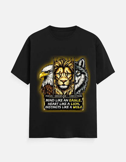 ZORIX MARTH black cotton t-shirt with graphic of eagle, lion, and wolf heads and motivational text.