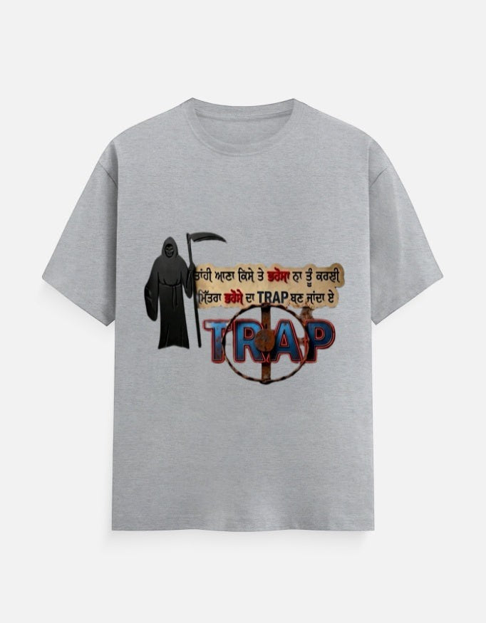 ZORIX MARTH grey 100% cotton unisex t-shirt with Grim Reaper graphic and Punjabi text reading "Trust Trap"
