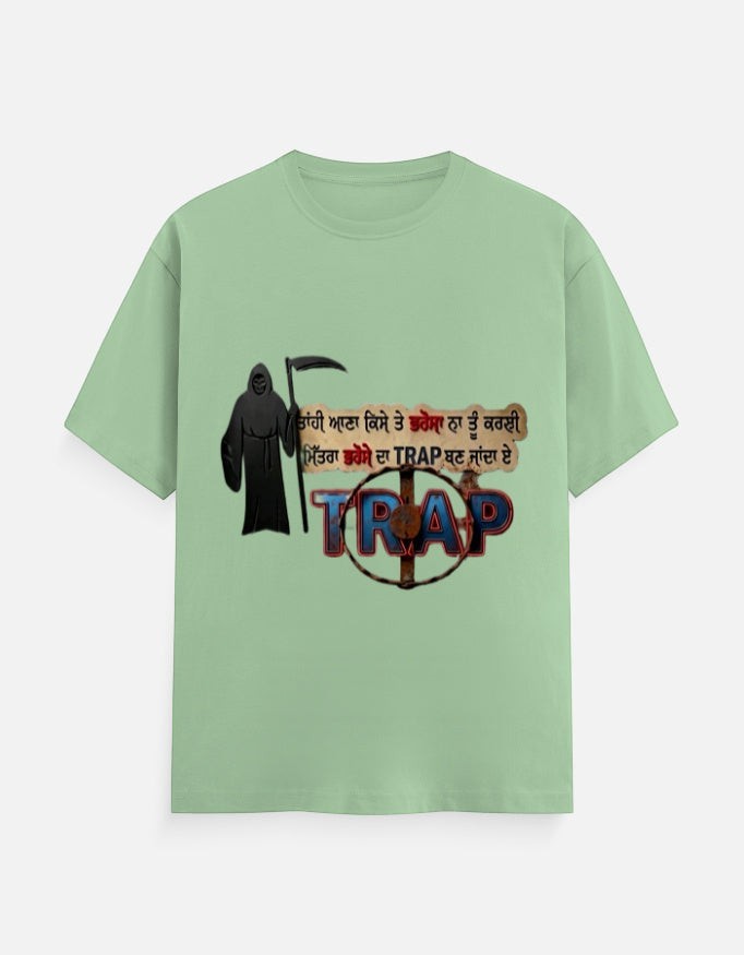 ZORIX MARTH light green 100% cotton unisex regular fit t-shirt with Grim Reaper graphic and Punjabi text about trust.