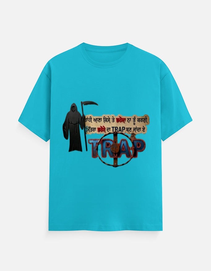 ZORIX MARTH Punjabi Trust Trap graphic t-shirt in 100% cotton, featuring a grim reaper and Punjabi text. Unisex fit, streetwear style.