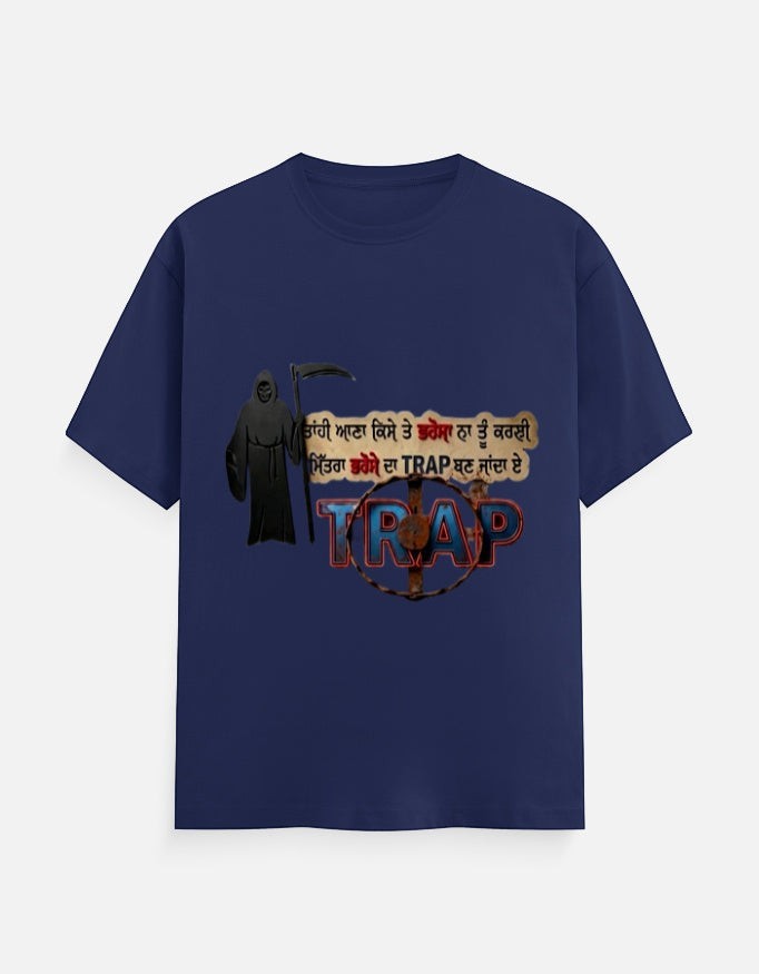 ZORIX MARTH dark navy Punjabi Trust Trap graphic t-shirt with Grim Reaper and Punjabi text. 100% cotton, unisex fit.