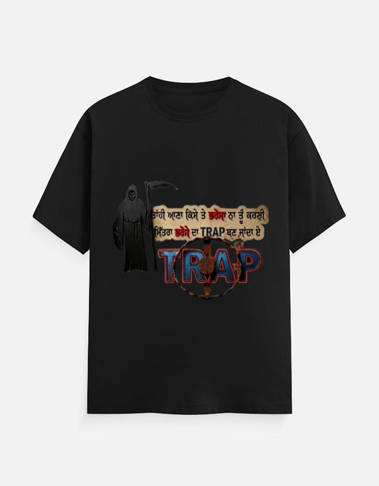 ZORIX MARTH black 100% cotton unisex regular fit t-shirt with Grim Reaper graphic and Punjabi text about trust.