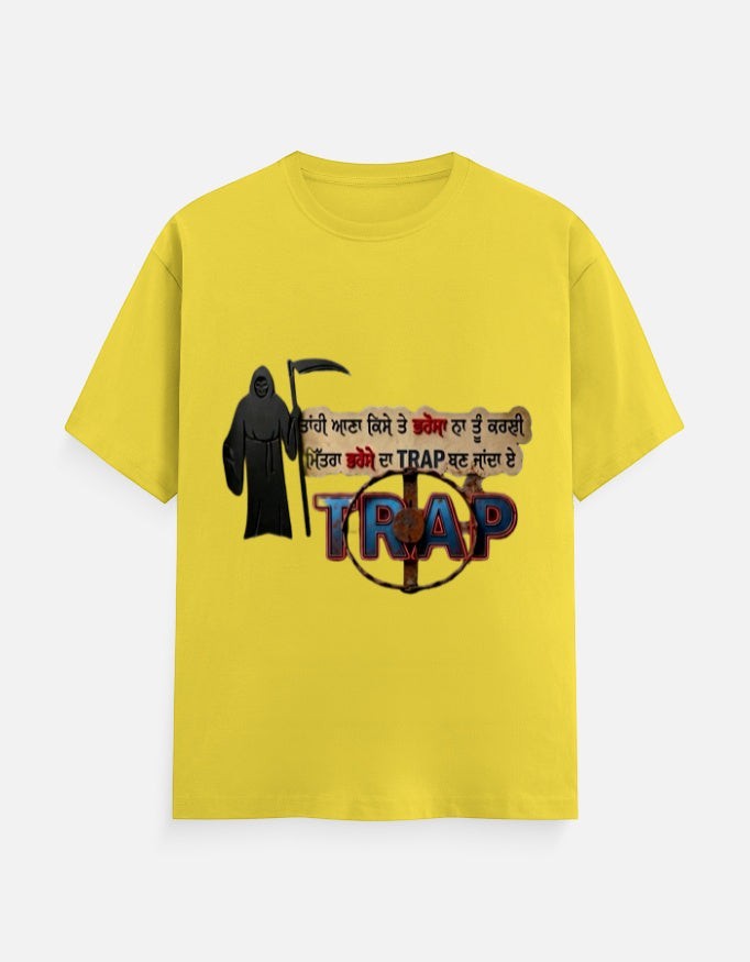 ZORIX MARTH yellow 100% cotton unisex regular fit t-shirt with Grim Reaper graphic and Punjabi text about trust.