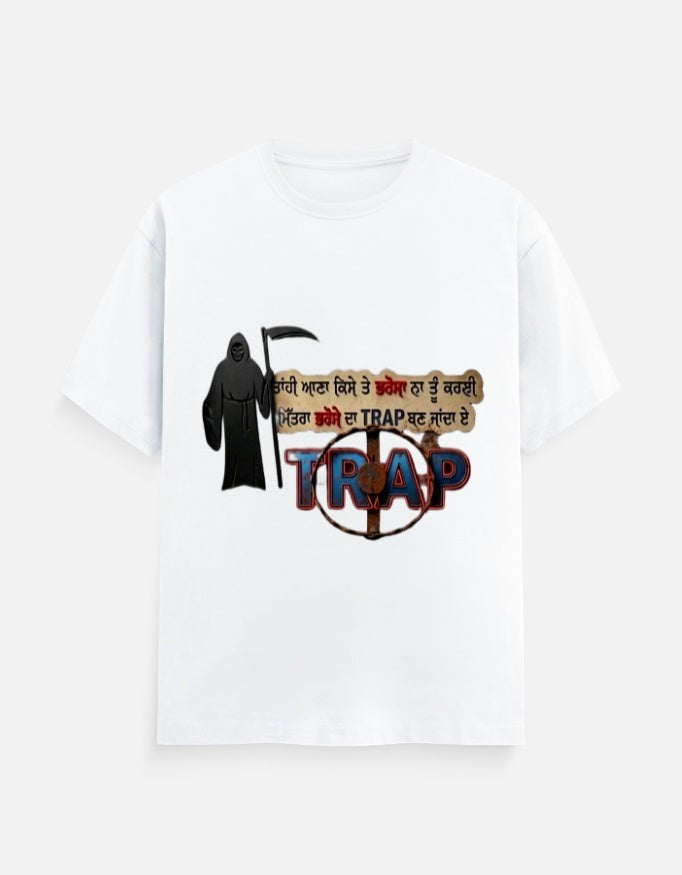 ZORIX MARTH white 100% cotton unisex regular fit t-shirt with a dark Grim Reaper graphic and Punjabi typography reading "Trust Trap".
