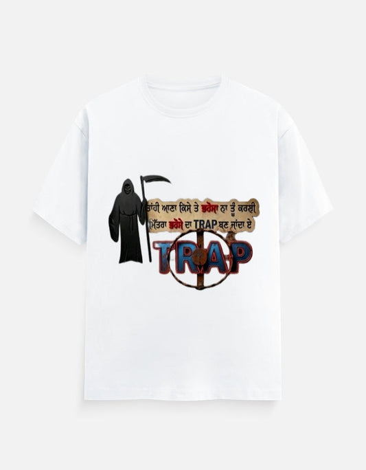 ZORIX MARTH white 100% cotton unisex regular fit t-shirt with a dark Grim Reaper graphic and Punjabi typography reading "Trust Trap".