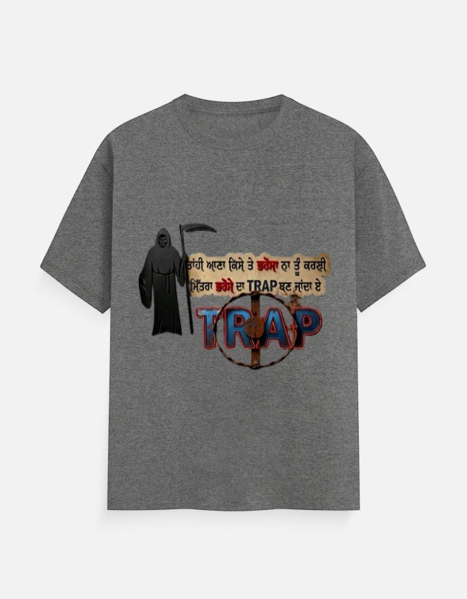 ZORIX MARTH dark grey 100% cotton Punjabi Trust Trap graphic t-shirt with Grim Reaper design and Punjabi text.