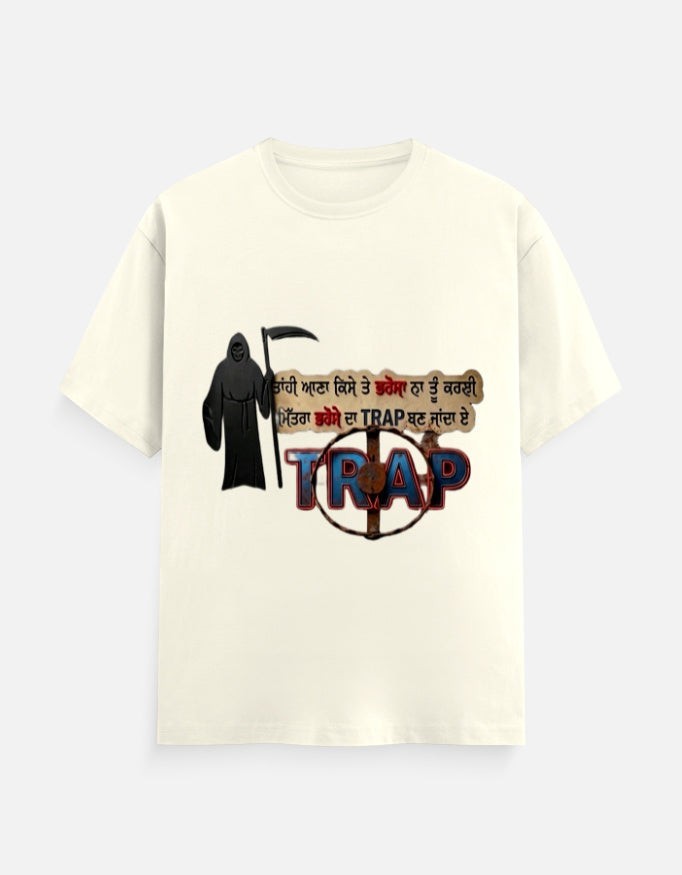 ZORIX MARTH Punjabi Trust Trap graphic t-shirt in cream 100% cotton with Grim Reaper design and Punjabi text.