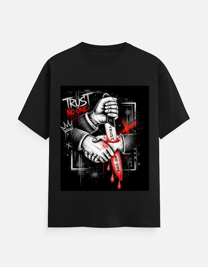 ZORIX MARTH black 100% cotton t-shirt with a graphic print of a handshake being stabbed by a knife, text reads "Trust No One".