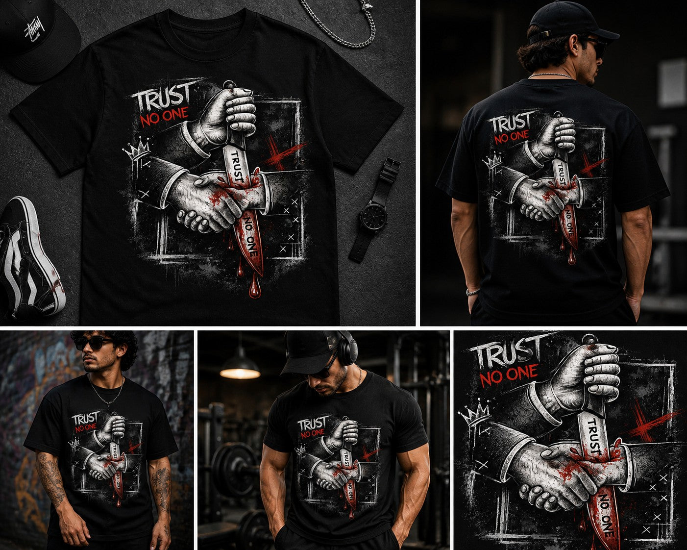 ZORIX MARTH black 100% cotton t-shirt with a graphic of two hands shaking, one hand holding a bloody knife piercing the handshake. Text reads "Trust No One".