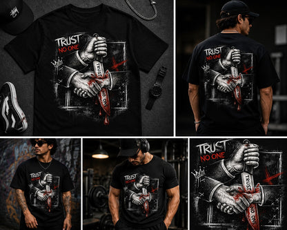 ZORIX MARTH black 100% cotton t-shirt with a graphic of two hands shaking, one hand holding a bloody knife piercing the handshake. Text reads "Trust No One".